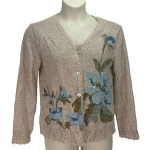 Talbots Embellished Cardigan Sweater Silk Floral Flowers Beige Blue Size L